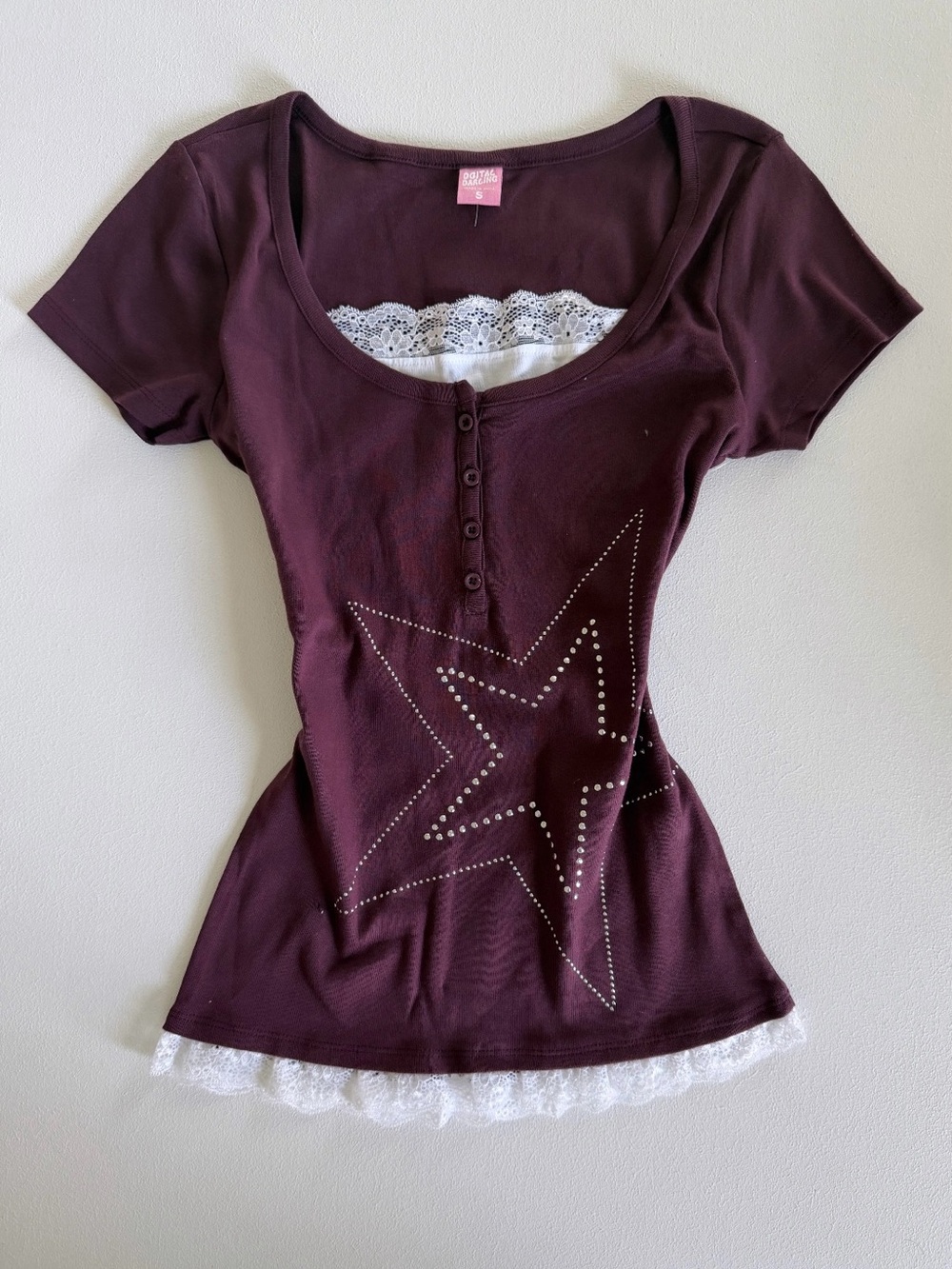 Digital Darling Burgundy Lace Trim Rhinestone
Star Top
